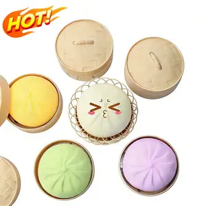 4pcs Giant-Sized Dumpling Squishy Toy Realistic Bao Bun Appearance Soft Polymer Material Stress Relief Fidget Toy with Steamer Basket for Kids & Adults