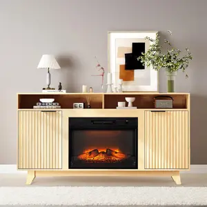 summervibes Karlhome Fluted Fireplace TV Stand for up to 70 inch TVs, Entertainment Center with Electric Fireplace Heater & Adjustable Shelves ＆ Open Cabinet, Fireplace Media Console Table for Living Room