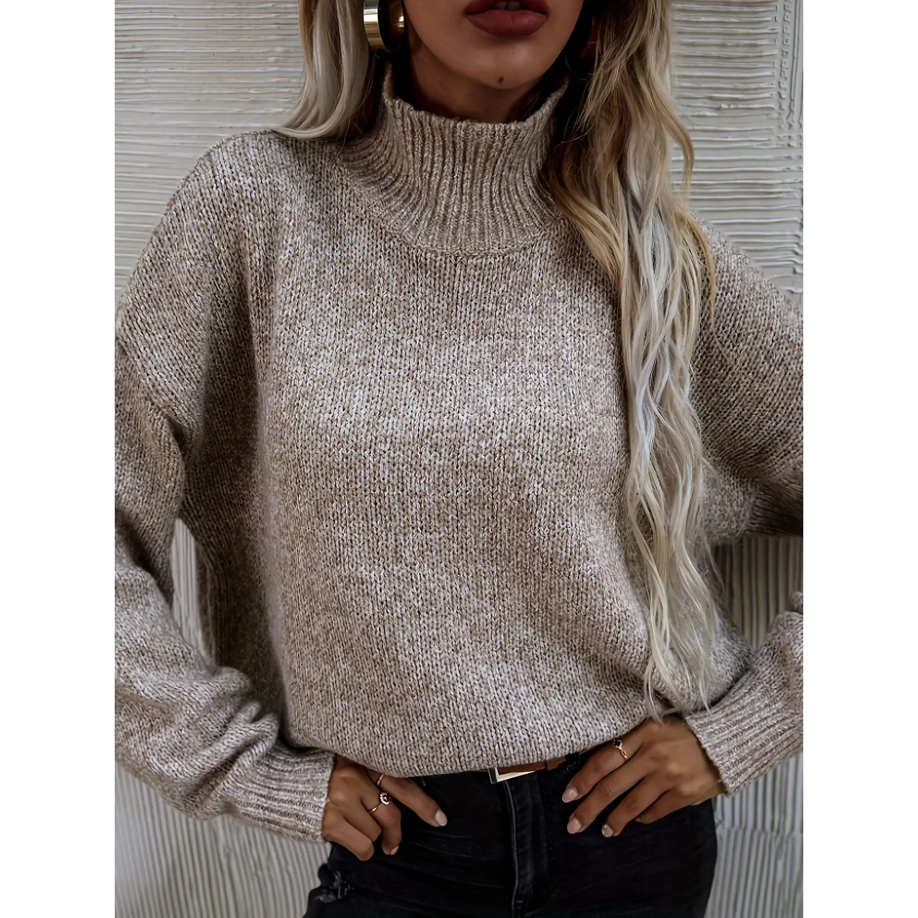 Women's High Neck Sweater, Elegant Oversized Cable Knit Tunic, Soft Long Sleeve Polyester Knit for Fall and Winter Layering, Fabric, Chic, Knitting