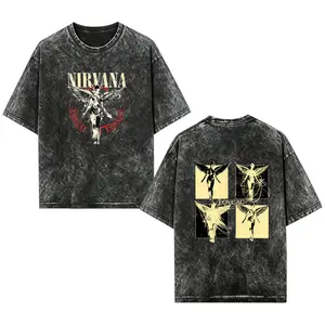 [EOVCAU]Retro Limited Nirvana Band Tour Black 2-Sided Vintage Tee Graphic Unisex Oversize Rock Band Washed Heavyweight Cotton T-shirt Gift For Rock Music Lovers Vintage Band Shirts Casual Fabric Fit Top Womenswear Streetwear