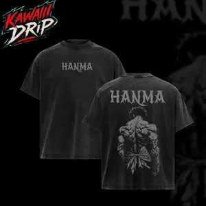 Baki Hanma T-Shirt – Washed Oversized Streetwear, Retro Manga Graphic Tee with Dark Gothic Japanese Font, Heavy Cotton Unisex Fit