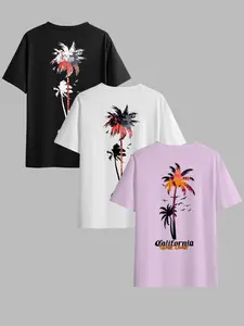 Men's Classic Versatile Tropical Letter Coconut Tree T-Shirt Set, Summer Round Neck Short Sleeve Casual Comfortable Top for Outdoor Wear