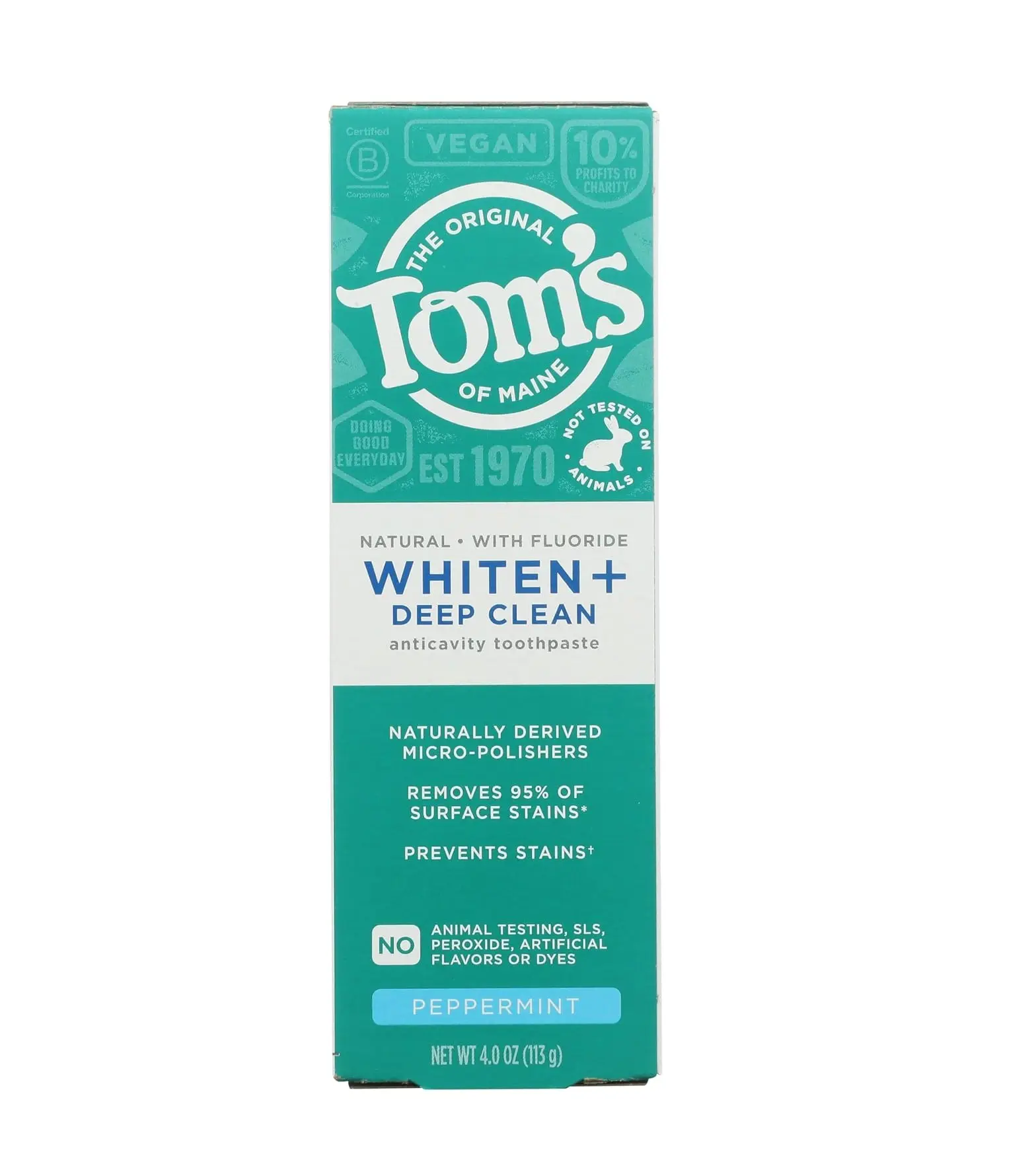 Tom's of Maine Whiten Plus Deep Clean Whitening Toothpaste, Peppermint, 4oz | Natural Toothpaste with Fluoride, Removes 95% of Stains, Enamel Safe Formula, Whitens Without Causing Sensitivity