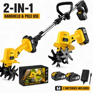 20V Cordless Electric Cultivator Tiller, 2-in-1 Handheld Garden Tiller with Extension Pole, Battery Powered Soil Loosener for Vegetable Garden, Flower Bed, Raised Bed, Yard Weeding, 2 Batteries & Charger