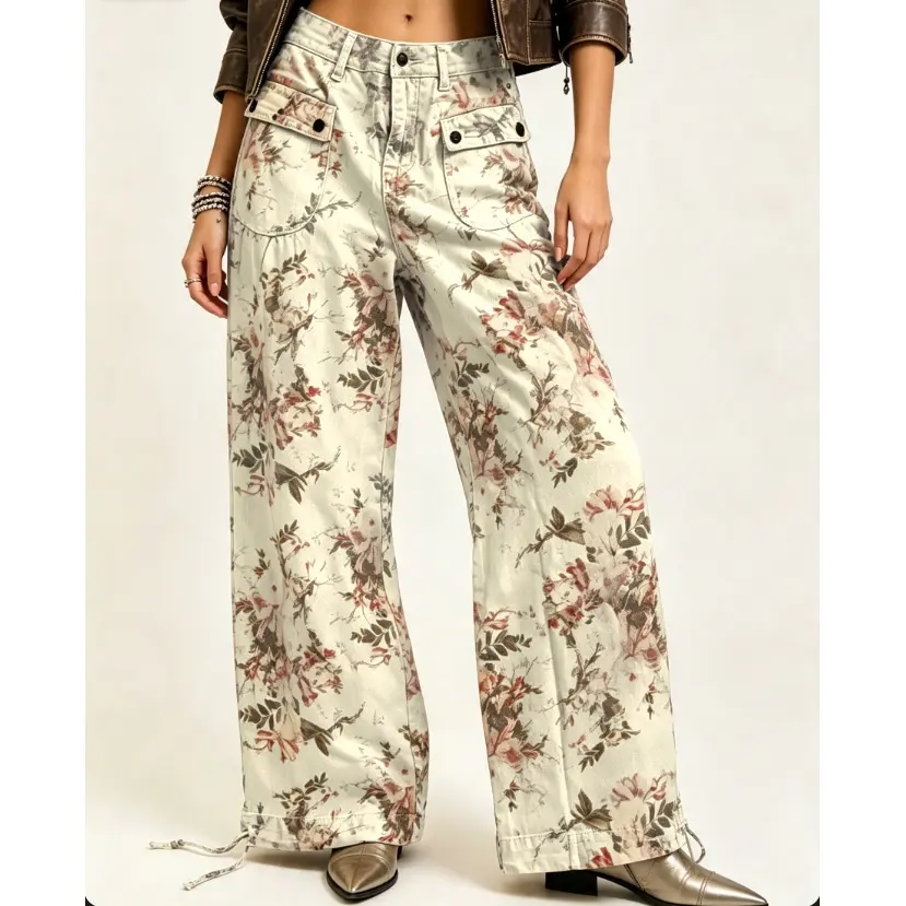 Chouyatou Women Vintage Floral Print Wide Leg Jeans High Waisted Cargo Pocket Tie‑Hem Baggy Denim Pants
