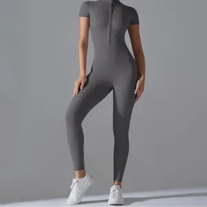 Women's tight-fitting open-neck zippered short-sleeve jumpsuit, specialized for dance, fitness, and yoga, sexy sports bodysuit