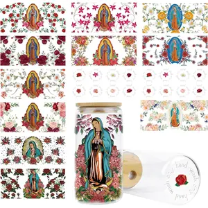 UV DTF Cup Wrap - 14 Sheets Guadalupe UV DTF Cup Wraps for 16 oz Glass Religious Catholic Uvdtf Decals Flower Personalized Rub on Transfer Topper Stickers for Cup Lids
