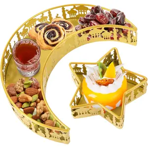2 PCS Ramadan Serving Trays - Moon Star Shaped Eid Mubarak Dishes, Islam Muslim Al-Fitr Iftar Party Crescent Iron Platters Table Decor, Food Pastry Dessert Display Holder (Palace Pattern) ANPHSIN