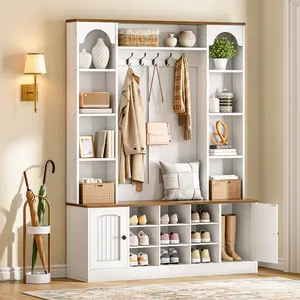 HOOBRO Hall Tree with Bench and Shoe Storage, 51" Entryway Bench with Coat Rack, Farmhouse Entryway Organizer with 5 Hooks, 8 Open Compartments, 9 Shoe Cubbies, for Hallway, White and Walnut