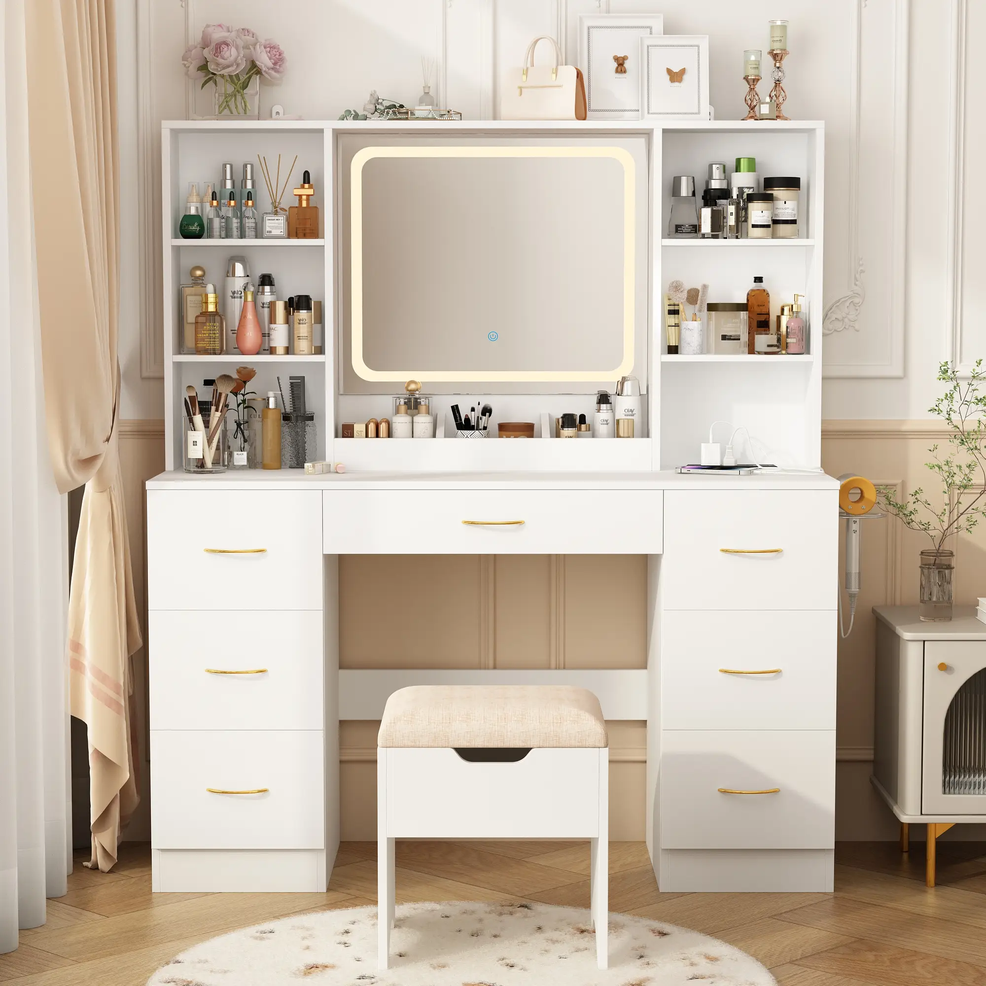 47" Large Vanity Table with Mirror and Lights LED Makeup Desk with 7 Drawers & Power Outlet for Women Girls Modern Design White Black Pink Furniture B