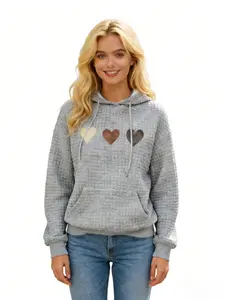women's clothing Heart & Patchwork Print Pullover, Casual Wear with Drawstring Hood & Relaxed Fit, Machine Washable, Waffle Fabric Women's Fashion Hoodie,Sweatshirt for Women,winter outfits for women