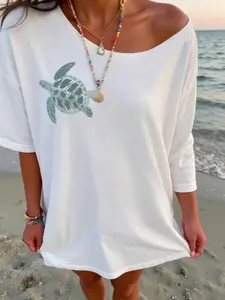 Ocean breeze turtle pattern off-shoulder loose women's summer T-shirt, beach style casual T-shirt, #turtle T-shirt #beach atmosphere #coastal fashion #Bohemian beach #ocean lovers #summer cover-up