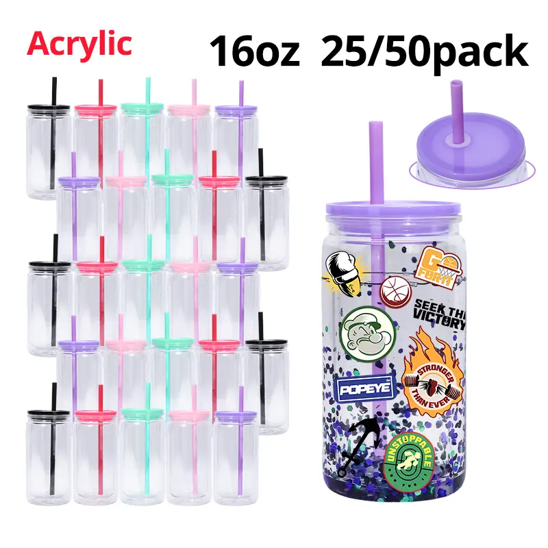 25/50-Pack 16oz Acrylic Snow Globe Cup with Color PP Lids for DIY Glitter & Craft Projects, Predrilled Double Wall Tumbler, Perfect for Halloween, Christmas