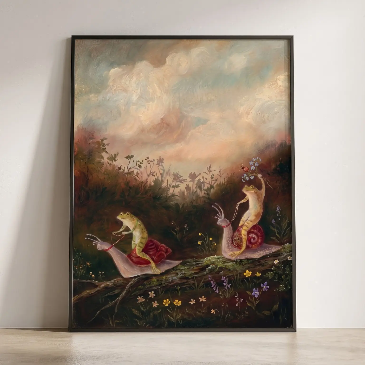Unframed Frogs Riding Snails Fantasy Wall Art Poster, Whimsical Animal Nature Print, Cute Aesthetic Cottagecore Home Decor for Living Room Bedroom Nursery