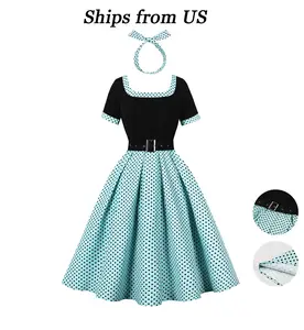 Women's 1950s Vintage Pleated Polka Dot Dress Short Sleeve Belted MIDI Patchwork Dress Chic Elegant Cute with Headband OutdoorFun Fit Casual Wear