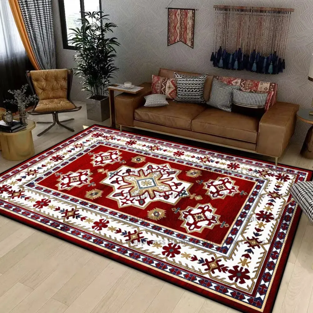 Traditional Red & Gold Ornate Persian-Style Flannel Area Rug - Oversized Soft Plush Mat for Living Room & Bedroom, Non-Slip Ethnic Home Decor #TraditionalPersianRug #EthnicHomeDecor #FlannelMat #NonSlipRug
