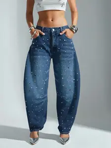 Casual Button Pocket Barrel Leg Women Jeans, Suitable For Daily Wear