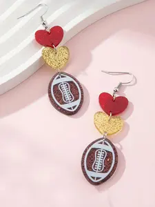 Sporty Football Themed Dangle Earrings, Glitter Heart & Rugby Drop Dangle Earrings, Fashion Accessories for Women & Girls