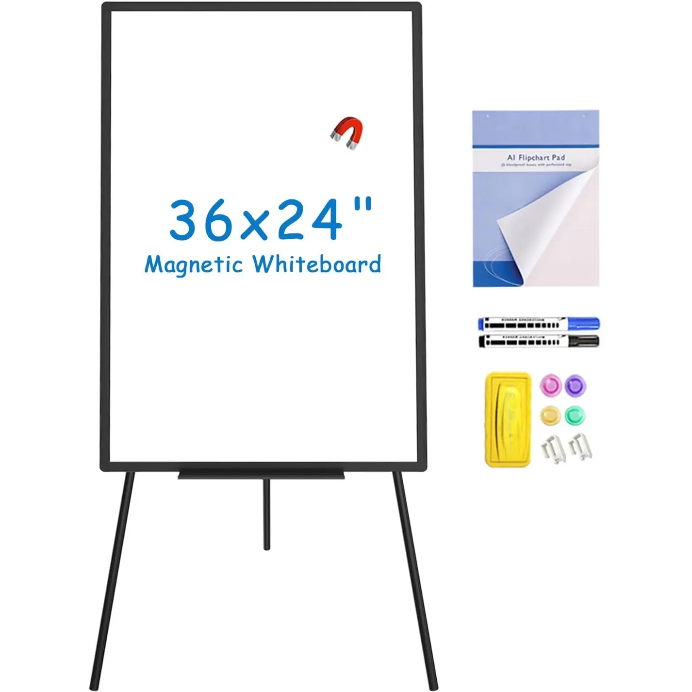Whiteboard Easel Black, 36 x 24 Inches, Portable Dry Erase Board Height Adjustable for School Office and