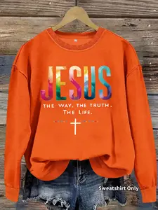 Fall & Winter Women's Casual Long Sleeve Round Neck Sweatshirt, Fitted with Inspirational Statement Design 'jesus Is the Way Truth Life', Comfortable Knit Fabric Tops
