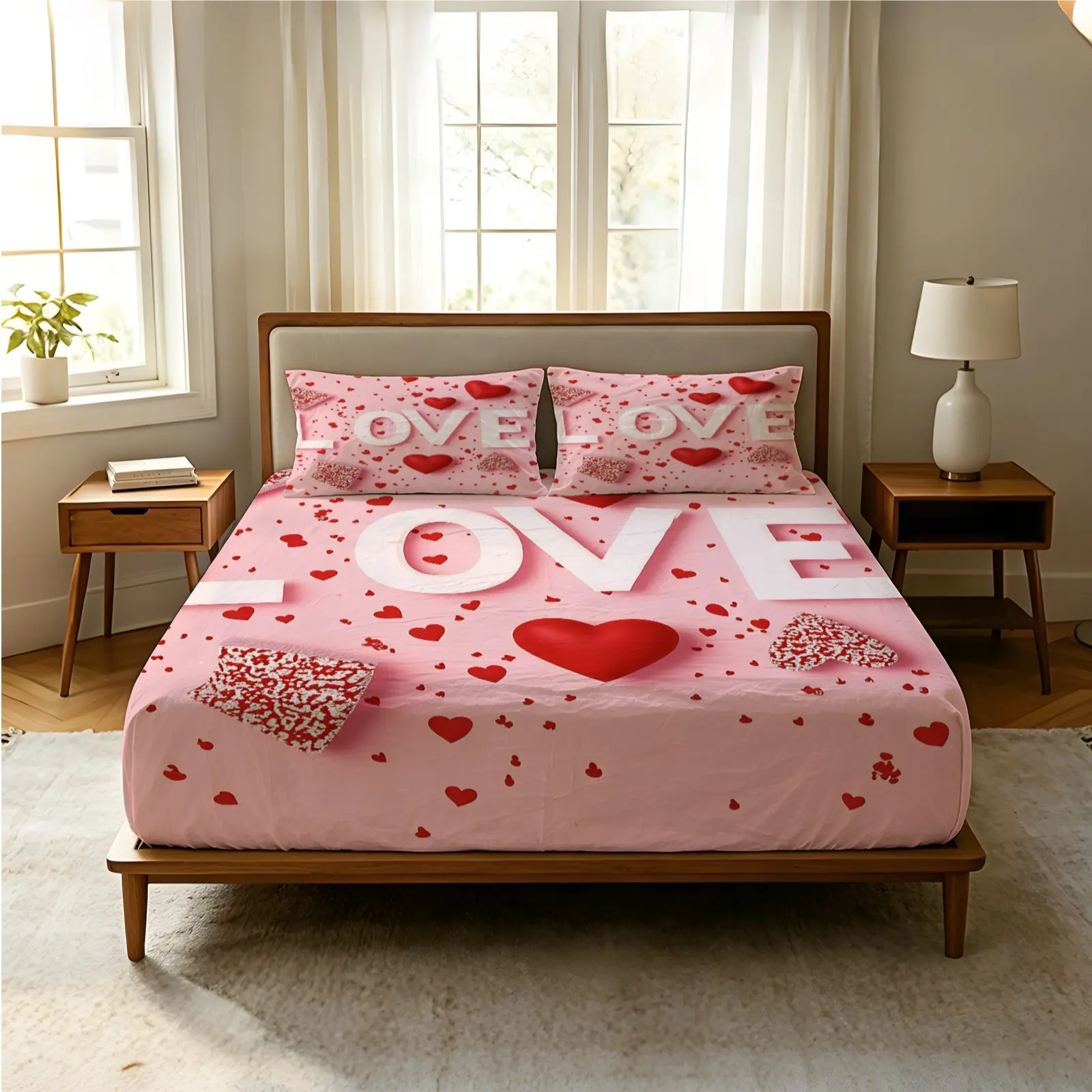 3 Piece “LOVE” Red Heart Print Fitted Sheet Set, Romantic Valentine's Day themed bedding set, Comfortable and Durable Microfiber sheets, Deep pocket design, Suitable for Bedroom and Guest room Decor, Perfect for Valentine's Day and Year Round use. Unfille