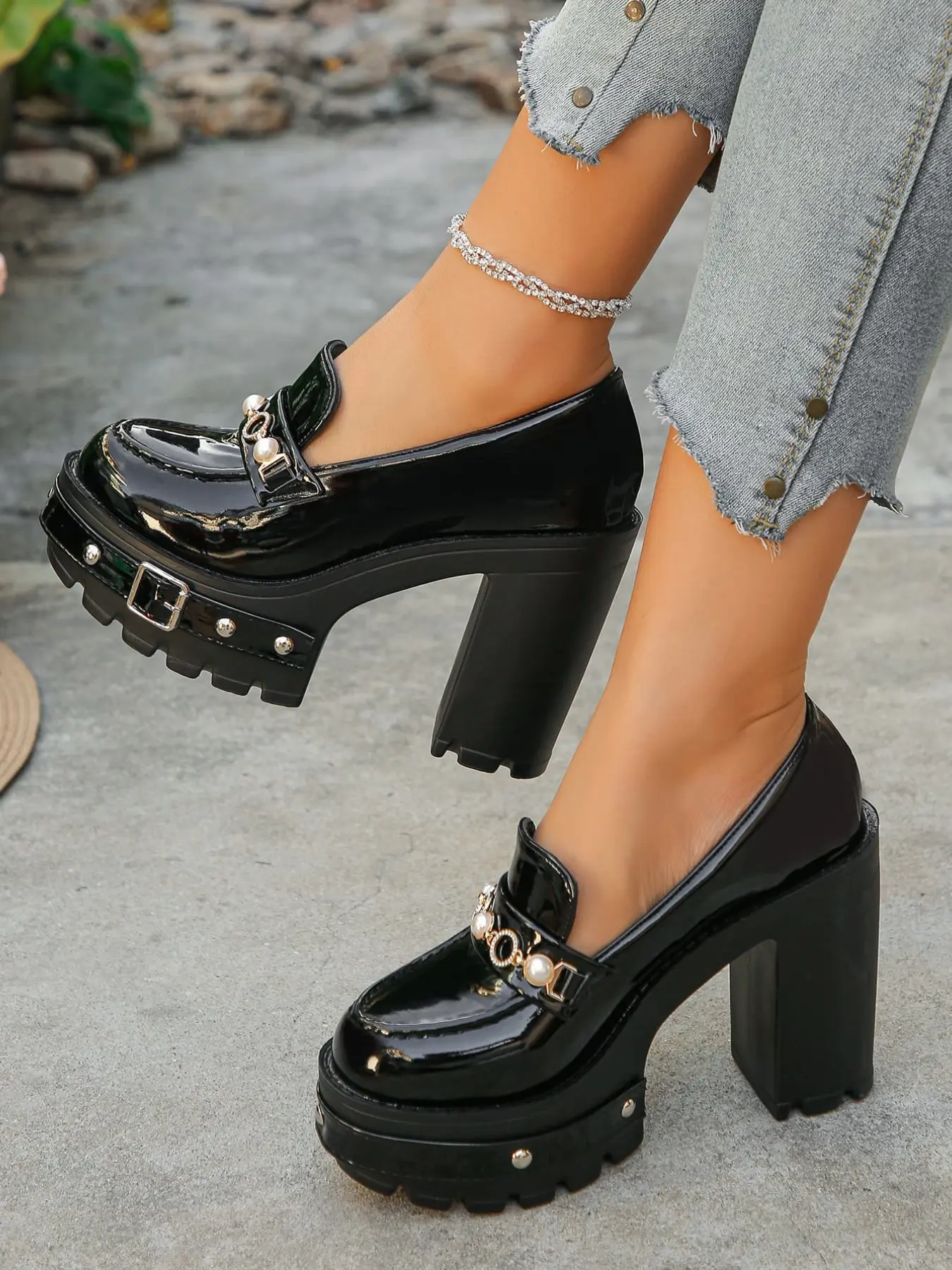 Women's Platform Block Heel Loafers, Dressy Shoes, Patent Leather Upper, Chunky Studded Lug Sole, Pearl Buckle Accent, Embellished Heels, for Parties, Night Out, Street Style, Slip-On Design, Trendy Heeled Loafers
