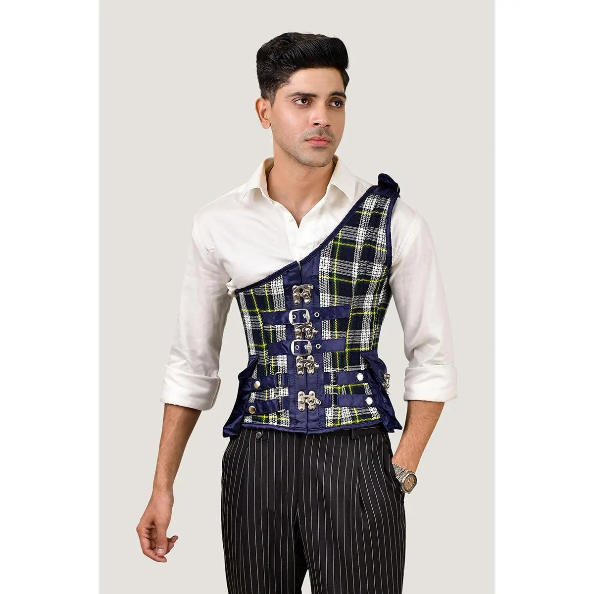 Navy Blue Tartan Corset with Shoulder Strap Navy Blue Tartan Corset with Shoulder Strap