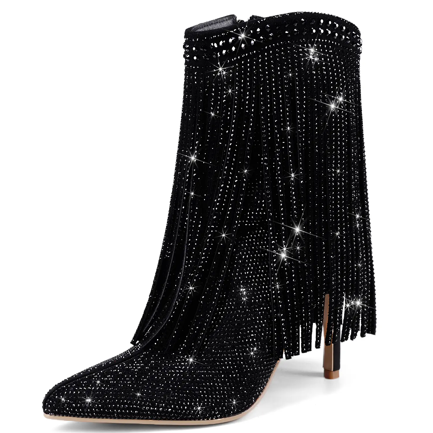 RONILURN Women's Rhinestone Fringe Ankle Booties, Dressy Pointed Toe Stiletto High Heel Shoes with Side Zipper, Shoe, Footwear, Party, Sequins, Statement Shoes