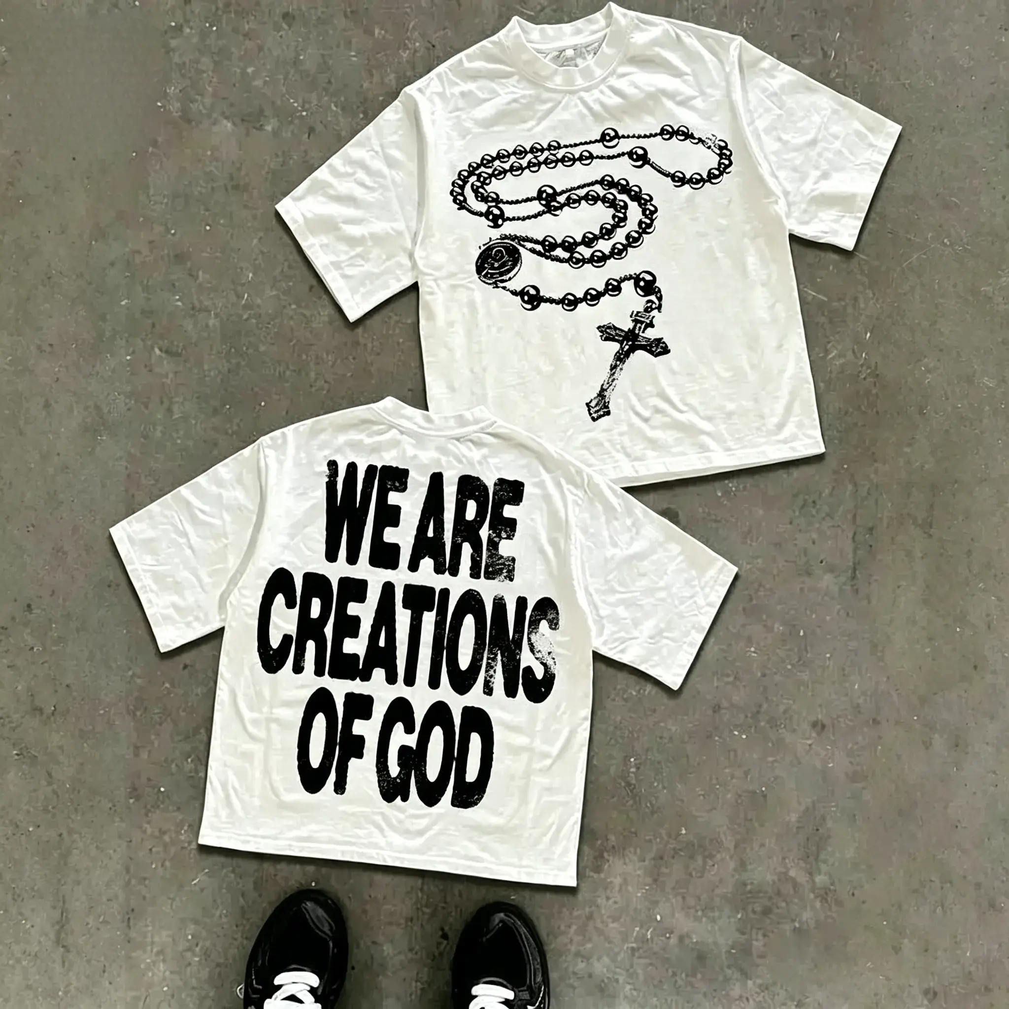 Y2K High - Street Religious - Themed Tee With 'We Are Creations Of God' Slogan (220g Cotton T-Shirt) Printed T-Shirts, Cotton T Shirt Unisex T-Shirts white graphic