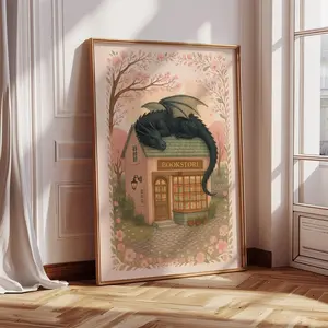 Fantasy Dragon Print, Dragon Bookstore Print, Bookish Wall Art, Fantasy Book Readers, Pink Floral Poster, Dragon Lover Gift, Girly Book Art (Unframed)