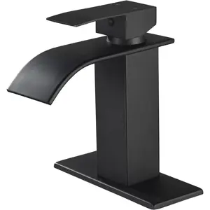Bathroom Faucet Single Handle, 1 or 3 Hole Faucet Black Modern Bathroom Faucet, Waterfall Spout Faucet for Bathroom Sink, Single Handle Vanity Sink, Rv Lavatory Washbasin Faucet with Deck Plate & Hose