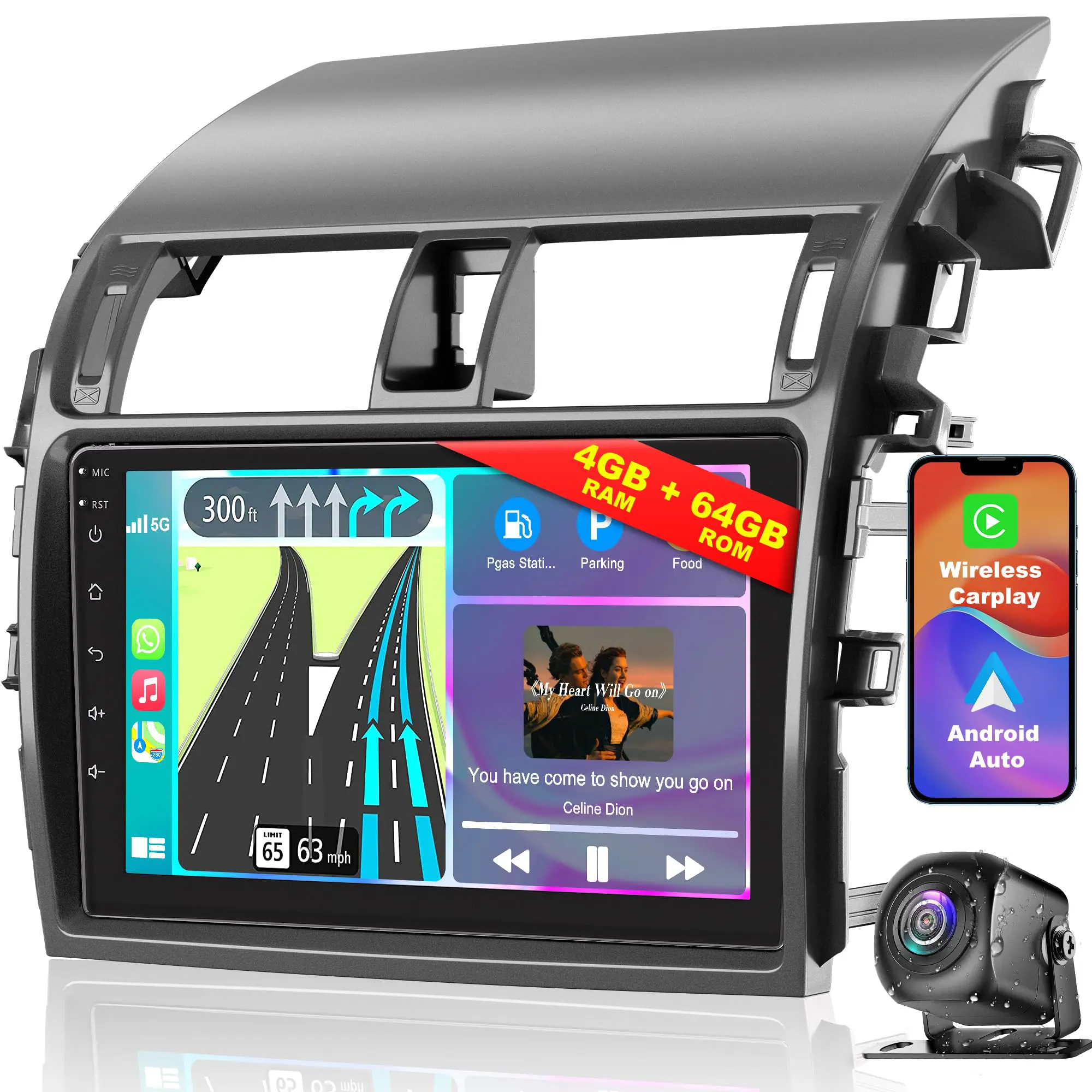 9" Display CarPlay Car Stereo for Toyota Corolla 2009-2013, 9-Inch Touchscreen Android Auto Player, Wireless Sync, GPS Navigation, WIFI, Bluetooth 5.4, SWC, DSP, FM Radio, AHD Backup Camera, Front Compatibility, 2GB or 4GB RAM, Access Popular Apps On Go