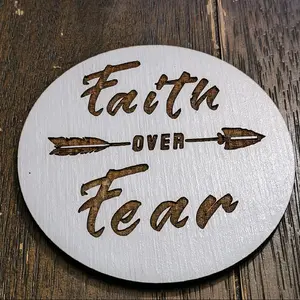 Custom Wood Coasters - Faith Over Fear Design with Arrow Motif - Personalized Wooden Coasters