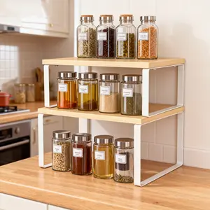 Cabinet Organizer Shelf Set of 2 Kitchen Counter Shelves Stackable Expandable Metal and Engineered Wood Cloud White Natural Beige Storage Spice Rack