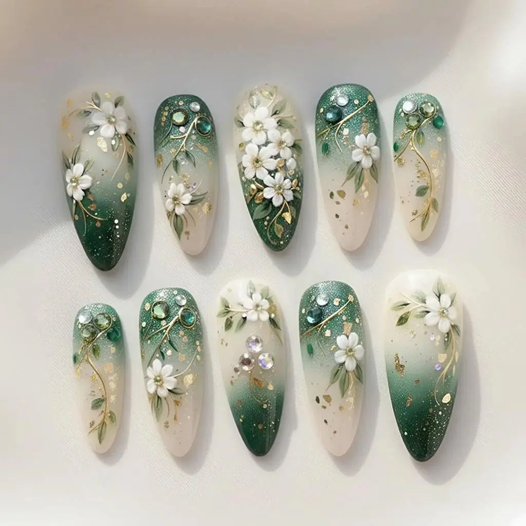 Luxury Emerald Green Ombre Press On Nails, White Floral & Gold Leaf Design, 3D Crystal Accent, Elegant Bridal False Nails Set