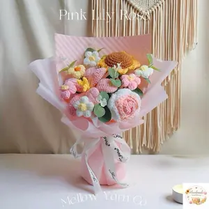 Mother's Day Gift, Handmade  Wrapped Crochet Flower Bouquet with Lily, Ros Tulip, Eucalyptus & Cala Lily, Graduation Gift, Birthday, Anniversary Gift for Her, Mom, Girlfriend, Includes Card, Valentines Day Ready to-Gift, Handmade Decorative Flowers