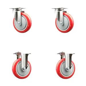 Polyurethane Swivel Top Plate Caster Set of 4 with 5 Inch Red Caster Wheels - 316 Stainless Steel Casters - Includes 2 Swivel Casters and 2 Rigid Casters - Service Caster Brand