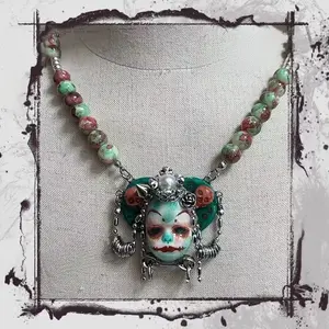 Heavy-duty Punk Vintage Beaded Gothic Choker Necklace, Hand-painted Clown Doll Pendant, Antique Silver Spike Skull Details