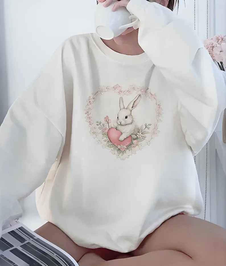 Bunny Sweatshirt Coquette Sweatshirt Trendy Crewneck Aesthetic Sweatshirt Cute Sweatshirt Gift For Her Hoodie and Sweater; T-shirt Cotton Womenswear Light Polyester Solid Tops