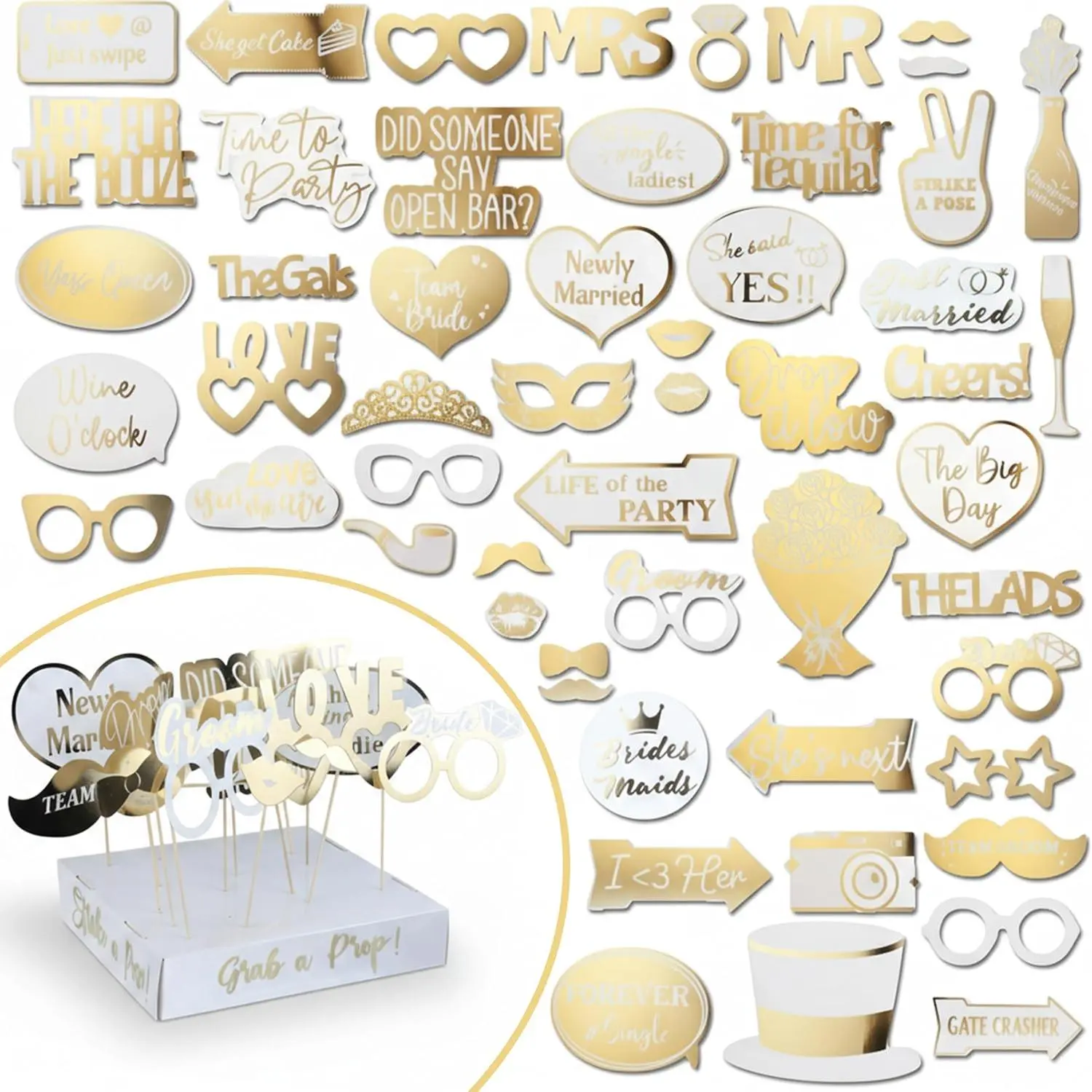 60 count Fully Assembled Wedding Photo Booth Props - Prop Stand -  Signs - Elegant Wedding & Reception Party Supplies- Funny Wedding Props - Foil Print - Bridal PhotoBooth