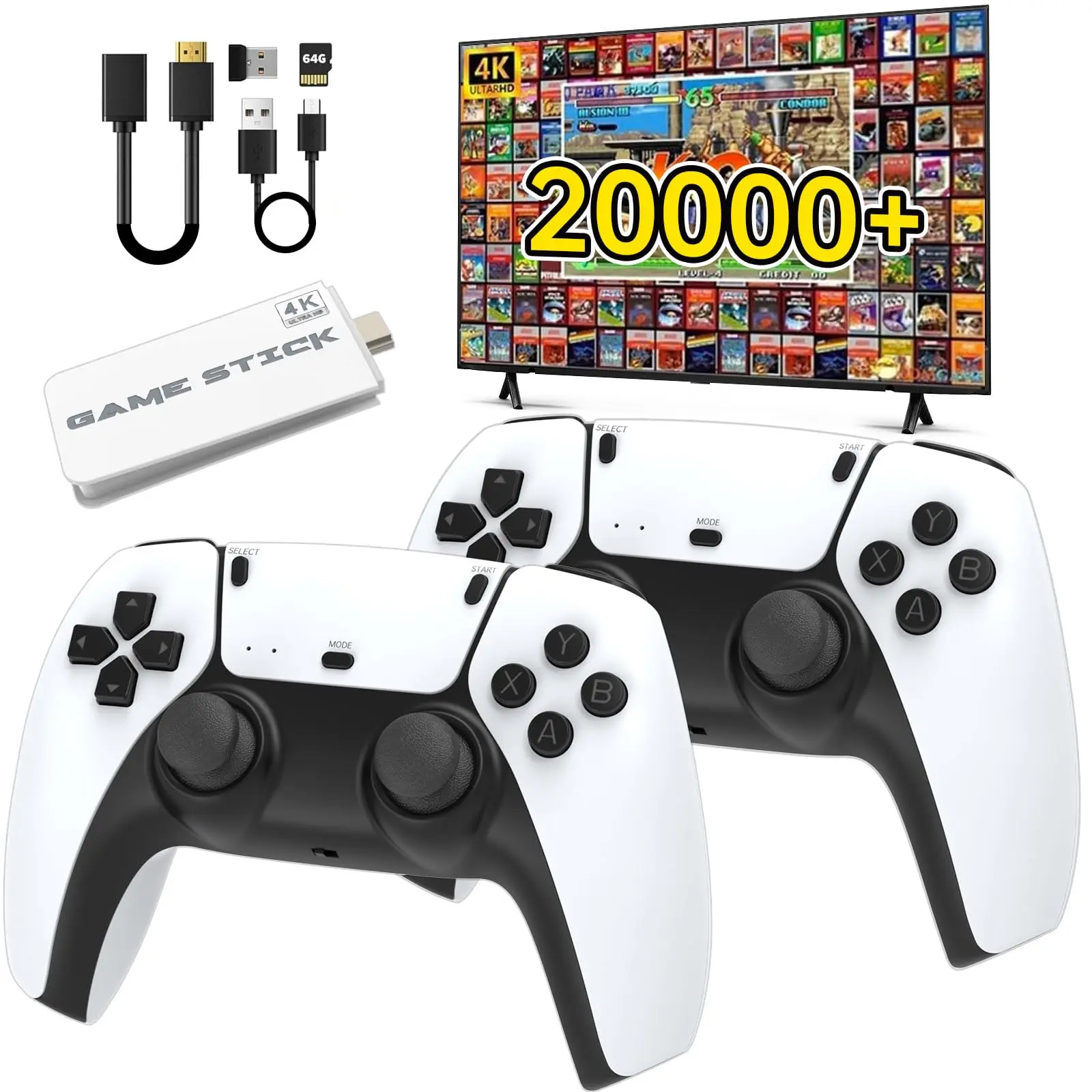 New Upgraded Retro Game Console,Classic Video Games with 4K HDMI, Built-in 19 Emulators, 20000+ Games - Plug & Play TV Video Gaming Stick with Upgrade Dual 2.4G Wireless Controllers(64GB) controller retro game