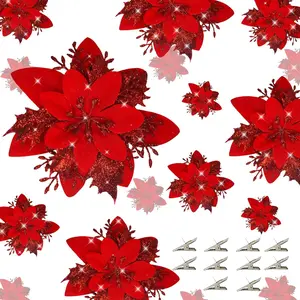 Red Poinsettia  Artificial with Clips Glitter Eye-catching Christmas Ornaments Red Poinsettia Christmas Decorations for Xmas Tree Wreaths Door Wedding Decor, Set of 10