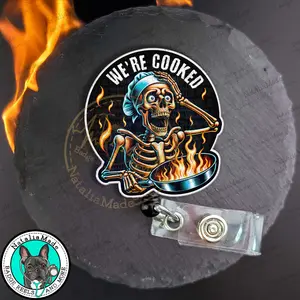 NataliaMade Funny Retractable ID Badge Holder with We're Cooked Skeleton Flame Design for Nurses, Healthcare Staff, Teachers, and Retail Workers