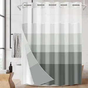 No Hook Grey Ombre Shower Curtain with Snap in Fabric Liner Set, Gray Modern Geometric Double Layers Waterproof Fabric with See Through Window Open Grommet Bath Curtain 71x74 Inch,home essentials