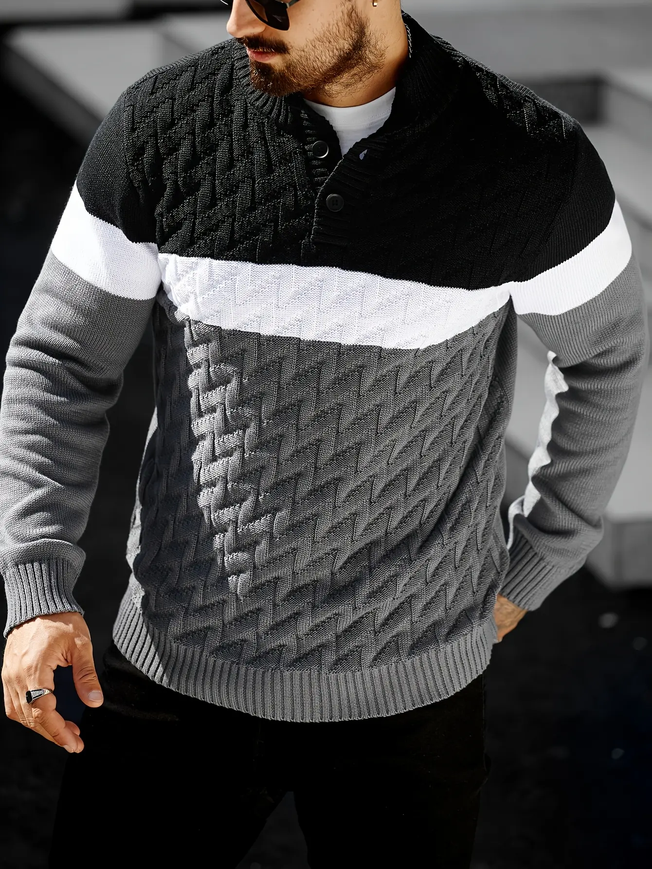 Men’s Polyester Mock-Neck Color-Block Cable-Knit Pullover Sweater - 3-Button Front, Long Sleeves with Twist Stitch, Textured Gradient Stripes for Autumn Winter Cold Weather Casual Layering, Mock-Neck Men's Pullover