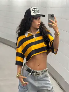 Vintage Colorblock Striped Loose Short Cropped Polo Shirt, High Waist Skinny Half Sleeve Turn-Down Collar, American Street Style