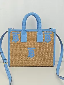 Pre-owned Raffia With Leather Trim Tote Bags Burberry Mini Freya Tote Bag in Natural Cornflower Blue