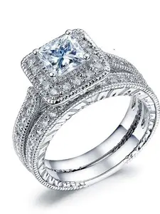 Two-Piece Classic Luxurious Platinum Plated Zirconia Wedding Engagement Ring Set, Elegant Copper Material, All Seasons Jewelry