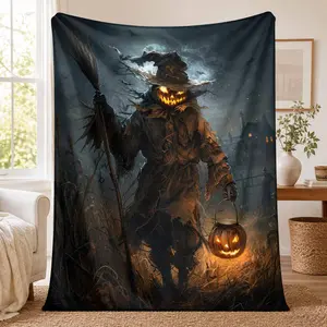 Spooky Scarecrow Flannel Blanket， Jacko'lantern Pumpkin Print， UltraSoft Lightweight Warmth， Cozy Throw for Halloween Party Decor， Living Room Sofa Couch， Fall Bedding Gift