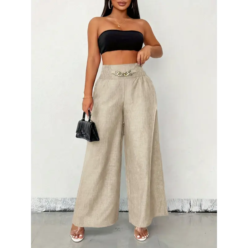 Women's High-Waisted Wide Leg Pants with Golden Chain Detail Spring/Summer Fashion, Machine Washable Fabric Womenswear Bottom Comfort Wideleg Basic Minimalist Short Basic Comfort Womenswear